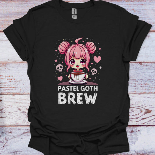 Black t-shirt with a pastel goth design featuring a character with pink hair and a cup of coffee on a wooden surface.