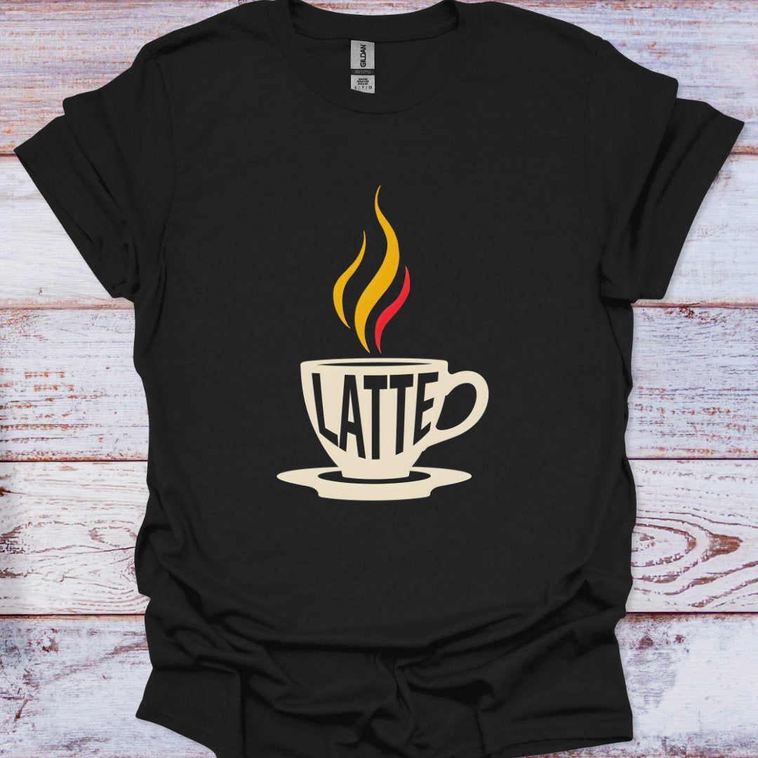 Black t-shirt with a 'Latte' coffee cup graphic on a wooden surface
