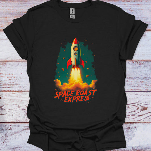Black t-shirt with a rocket graphic and 'Space Roast Express' text on a wooden surface