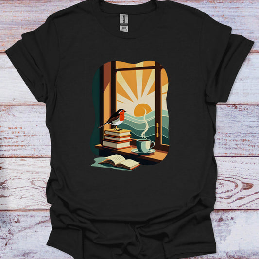 Black t-shirt with a graphic design of a window, books, a cup, and a bird on a wooden surface.