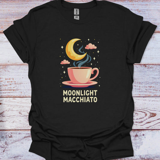 Black t-shirt with 'Moonlight Macchiato' design featuring a cup and moon on a wooden surface