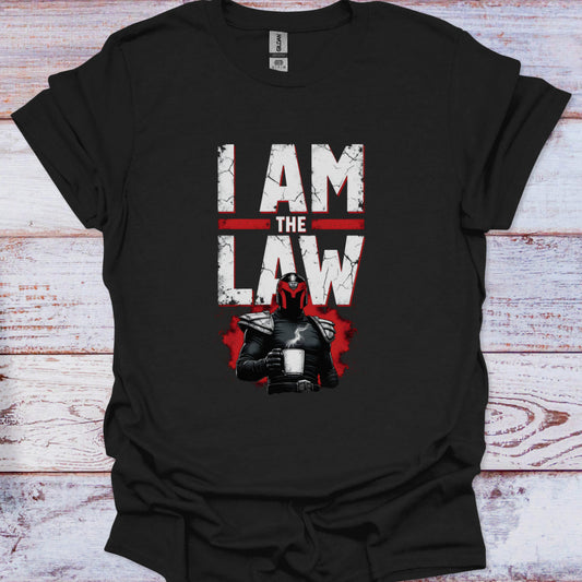 Black t-shirt with 'I AM THE LAW' graphic on a wooden surface