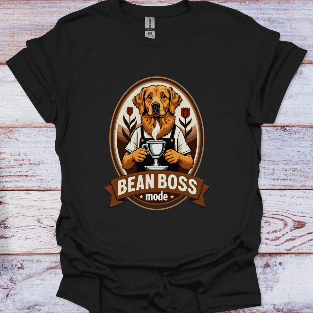 Black t-shirt with a dog graphic and 'Bean Boss' text on a wooden surface