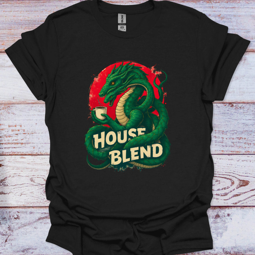 Black t-shirt with a green snake design and 'House Blend' text on a wooden surface