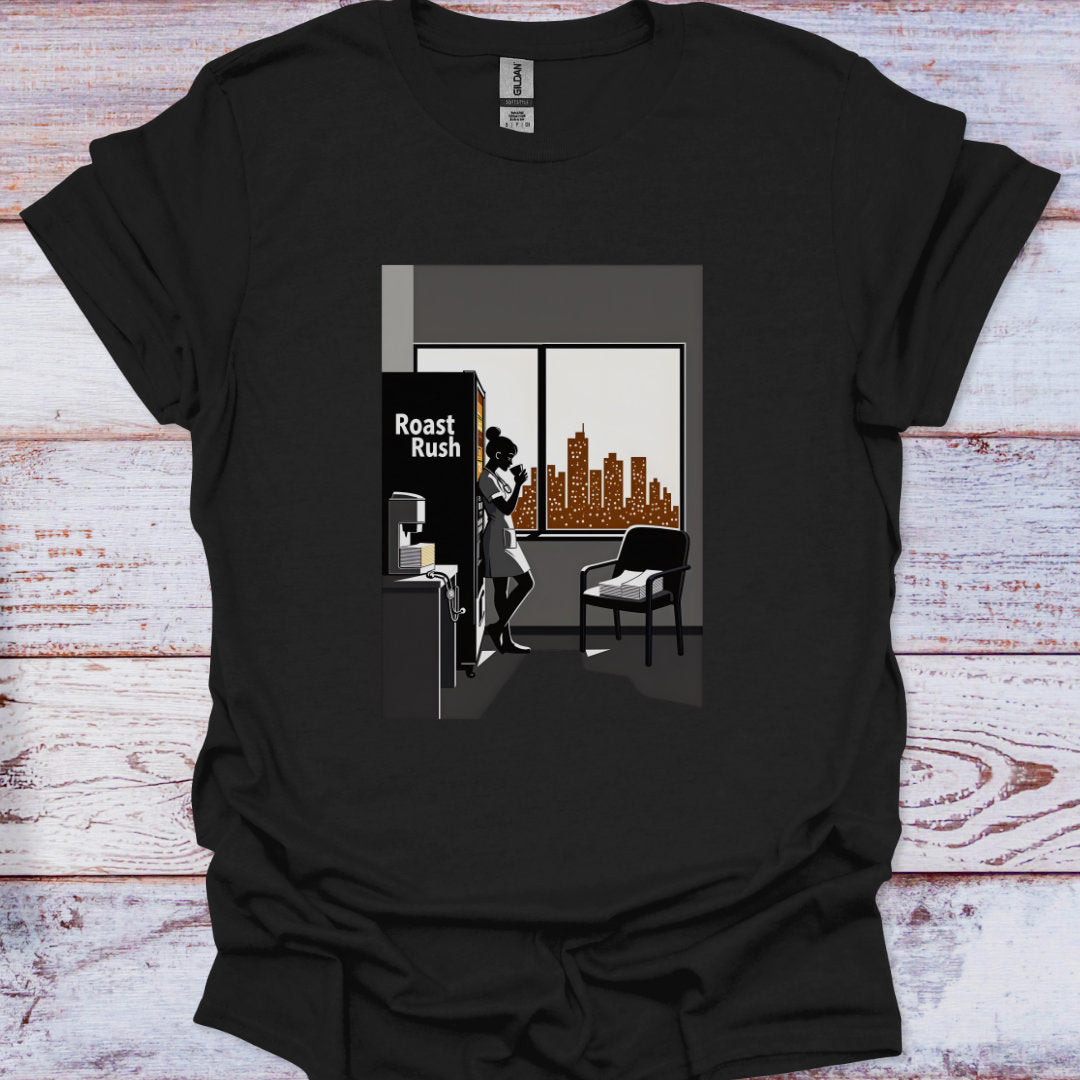 Black t-shirt with a graphic design of a woman in a room with a cityscape view and 'Roast Rush' sign.