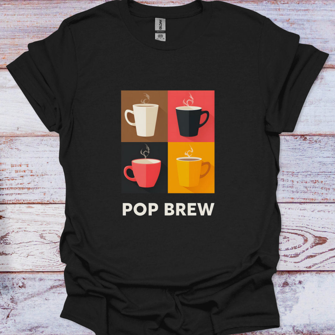 Black t-shirt with colorful coffee cup design and 'POP BREW' text on a wooden surface