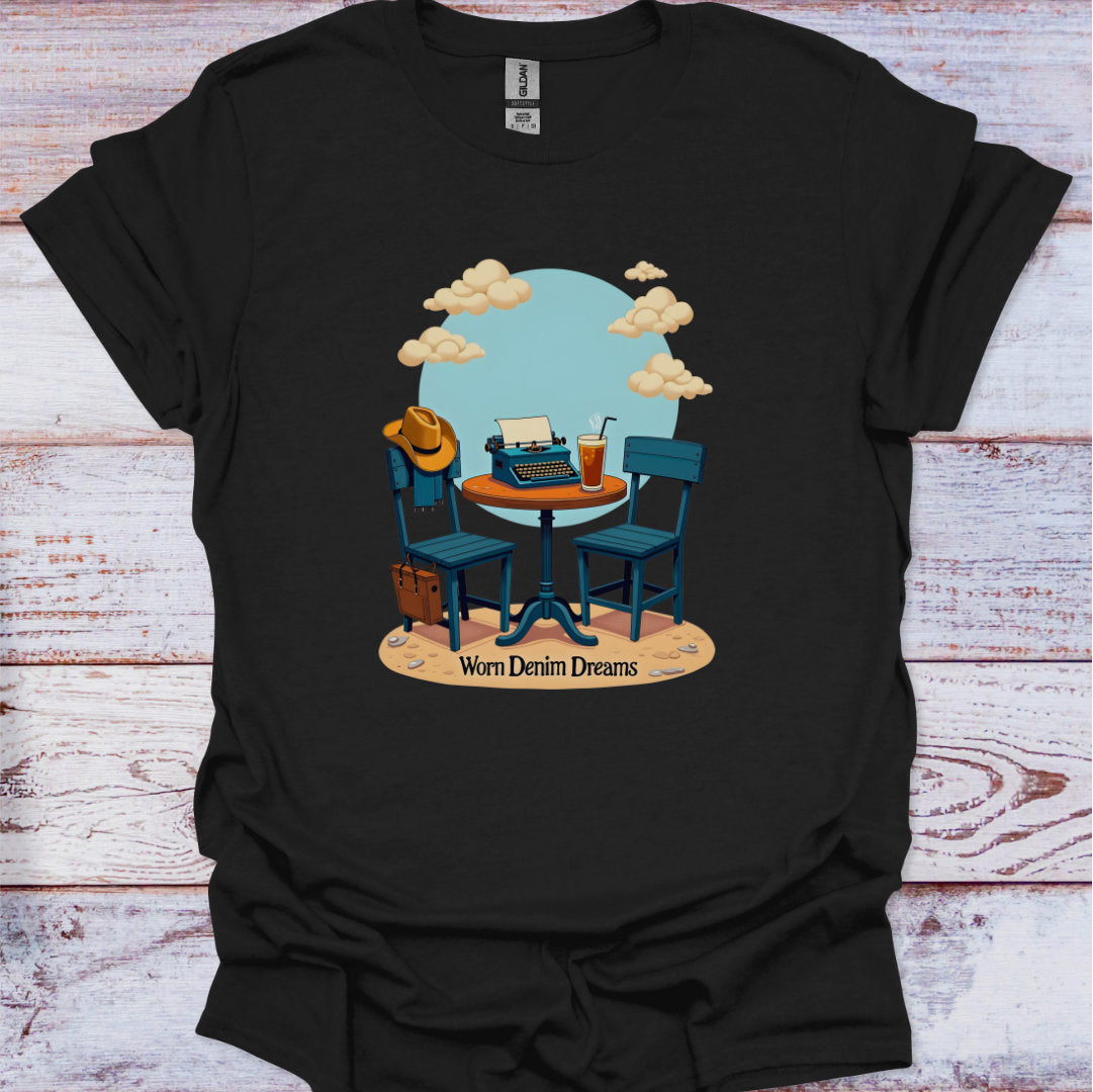 Black t-shirt with a graphic design of chairs, table, and typewriter on a wooden surface
