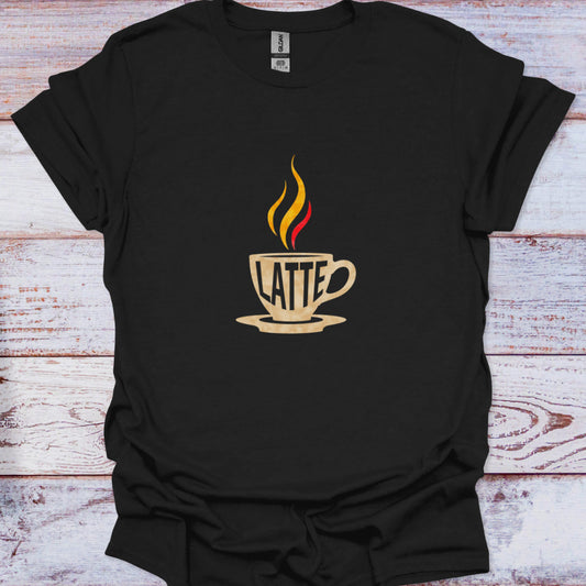 Black t-shirt with a centered, bold graphic of a white typography-based LATTE coffee cup with yellow and red flame steam.
