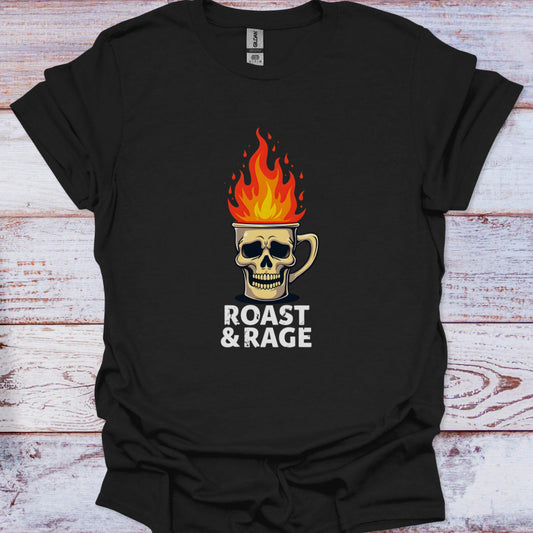 Black t-shirt with a skull mug design and 'Roast & Rage' text on a wooden surface