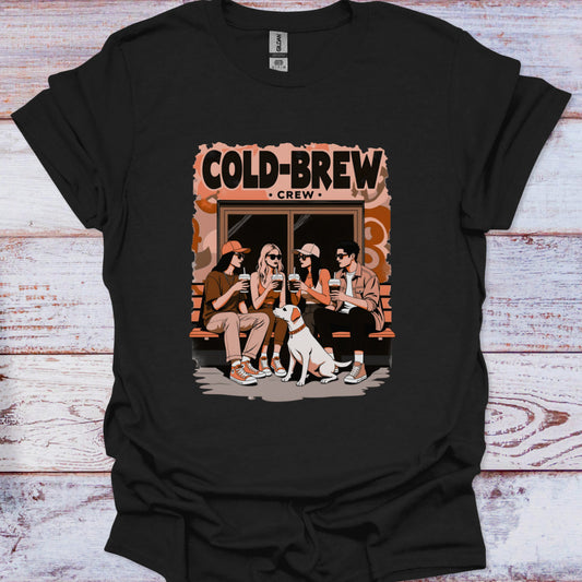 Black t-shirt with 'Cold-Brew Crew' graphic on a wooden surface