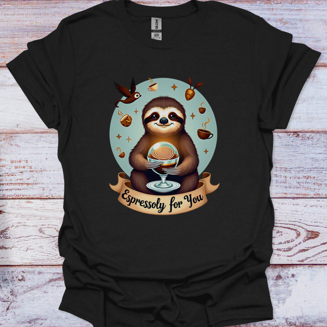 Black t-shirt with a sloth holding a coffee cup design on a wooden surface