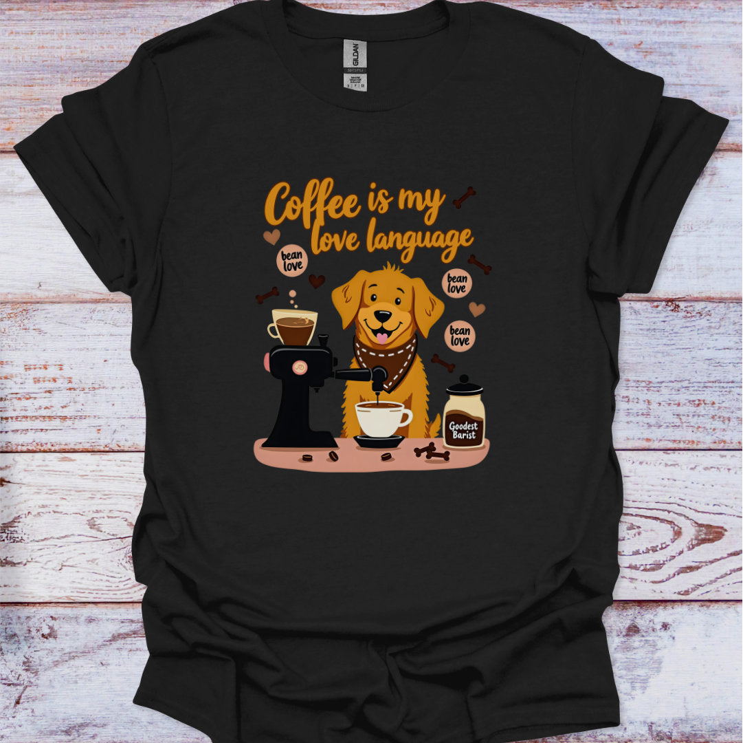 Black t-shirt with a graphic of a dog and coffee-themed design on a wooden surface