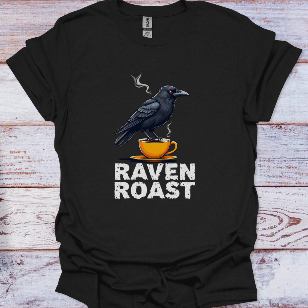 Black t-shirt with a crow on a coffee cup and 'Raven Roast' text on a wooden surface