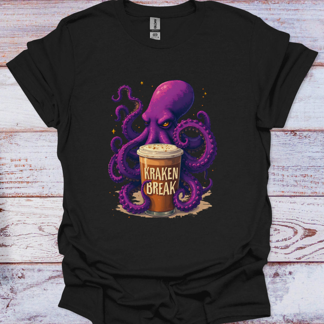 Black t-shirt with a purple octopus holding a Kraken coffee cup on a wooden surface