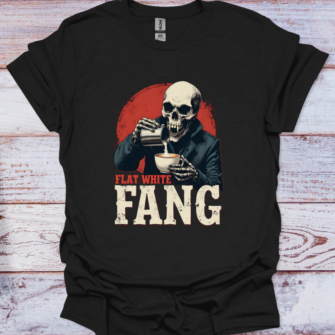 Black t-shirt with a skeleton holding coffee cups and 'Flat White Fang' text on a wooden surface