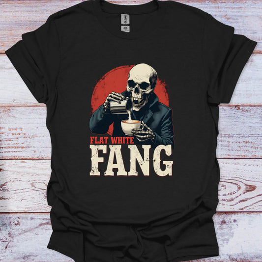 Black t-shirt with a skeleton holding coffee cups and 'Flat White Fang' text on a wooden surface