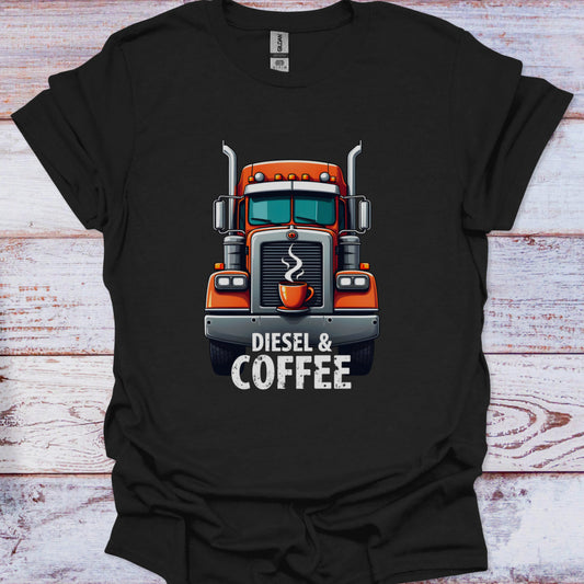 Black t-shirt with a truck graphic and 'Diesel & Coffee' text on a wooden surface