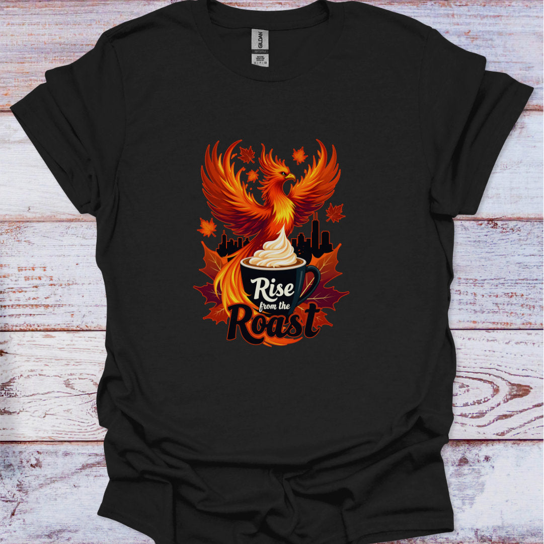 Black t-shirt with a phoenix design and 'Rise from the Roast' text on a wooden surface