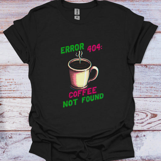 Black t-shirt with a coffee-themed graphic and text on a wooden surface