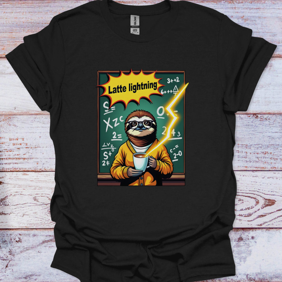 Black t-shirt with a sloth holding a cup and 'Latte lightning' graphic on a wooden surface