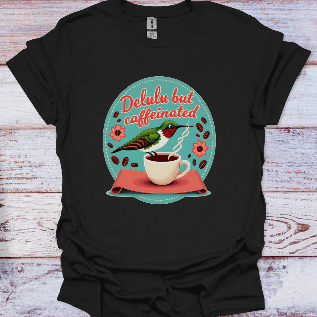 Black t-shirt with a colorful graphic of a bird and coffee cup on a wooden surface