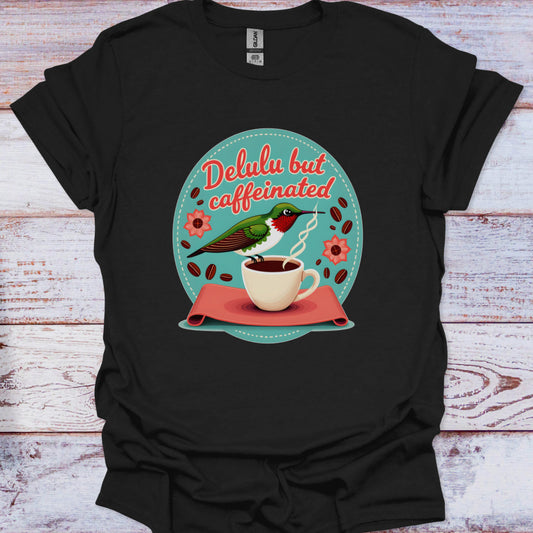 Black t-shirt with a colorful graphic of a bird and coffee cup on a wooden surface