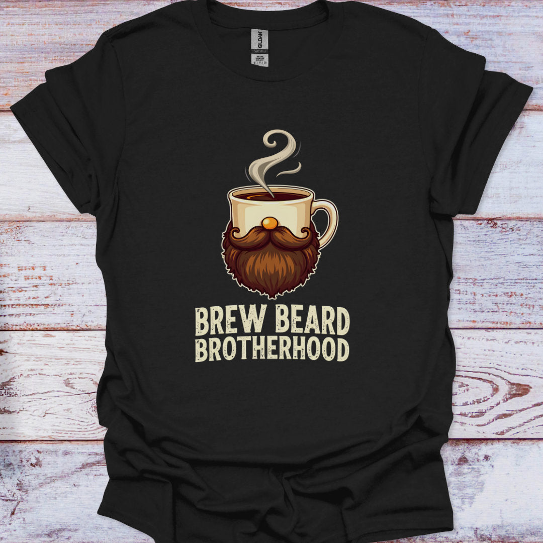 Black t-shirt with a graphic of a coffee cup with a beard and the text 'Brew Beard Brotherhood' on a wooden surface.