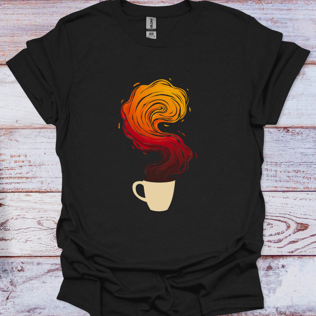 Black t-shirt with a colorful coffee cup design on a wooden surface