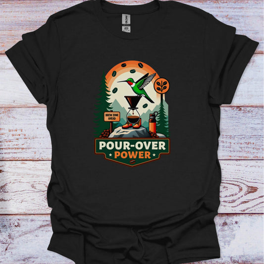 Black t-shirt with a graphic design featuring a hummingbird and text on a wooden surface
