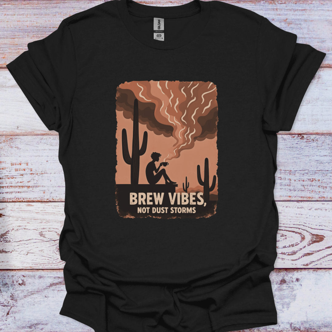 Black t-shirt with a graphic design featuring a cactus and text on a wooden surface