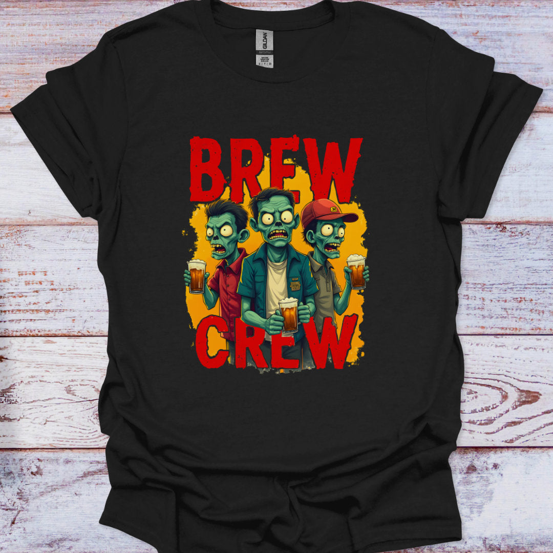 Black t-shirt with 'Brew Crew' design featuring cartoon zombies holding beers on a wooden surface.