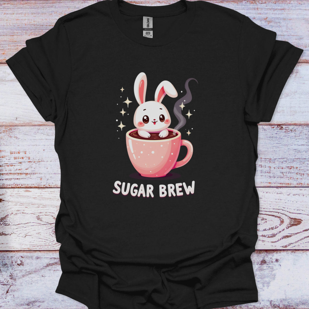 Black t-shirt with a cartoon bunny in a coffee cup and 'Sugar Brew' text on a wooden surface