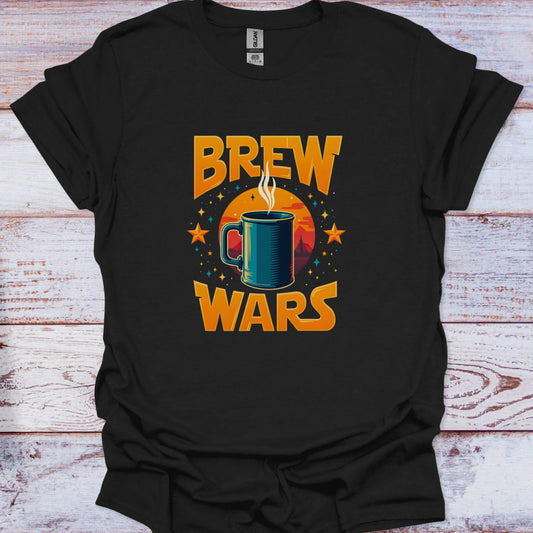 Black t-shirt with 'Brew Wars' graphic design on a wooden surface