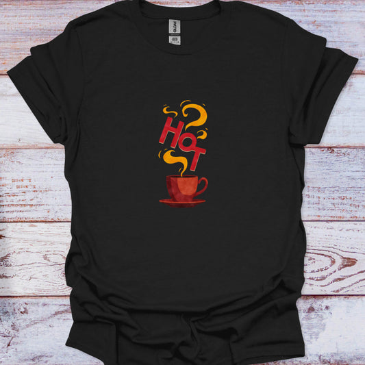 Black t-shirt with vivid red and yellow graphic of a steaming hot coffee cup and bold 'HOT' text.