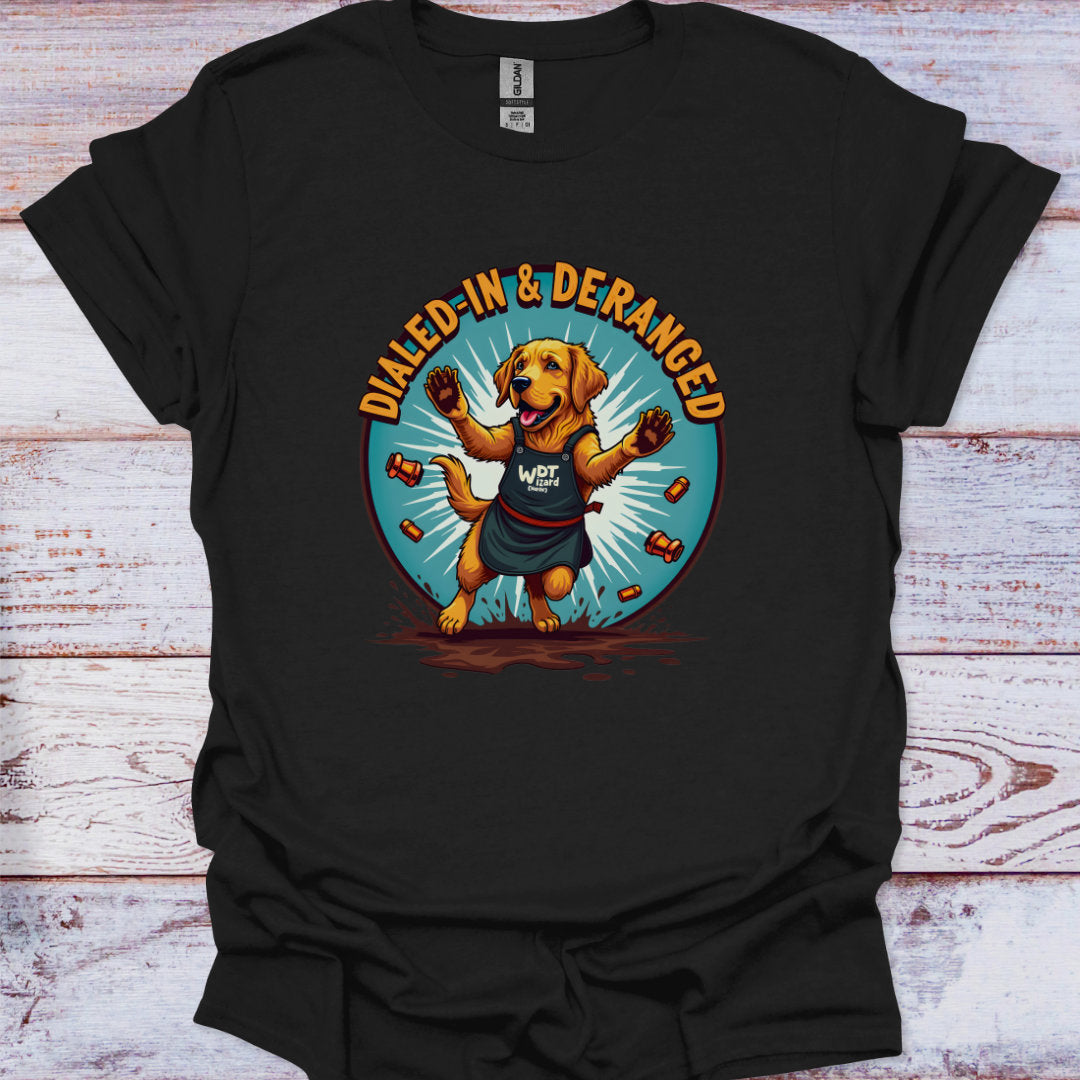Black t-shirt with a colorful graphic of a dog and text on a wooden surface