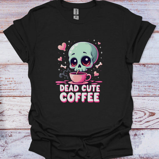Black t-shirt with a cartoon skull drinking coffee and 'Dead Cute Coffee' text on a wooden surface