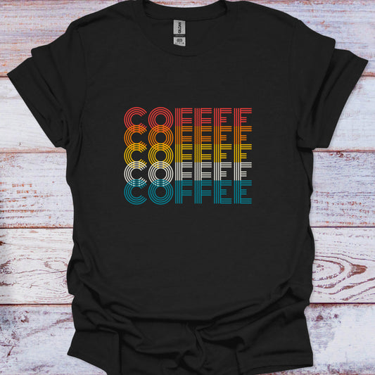 Black t-shirt featuring stacked "COFFEE" text in retro linear red, orange, yellow, white, and teal stripes.