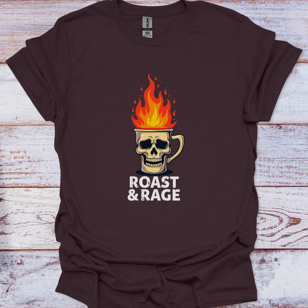 Brown t-shirt with a skull mug on fire graphic and 'Roast & Rage' text on a wooden surface.