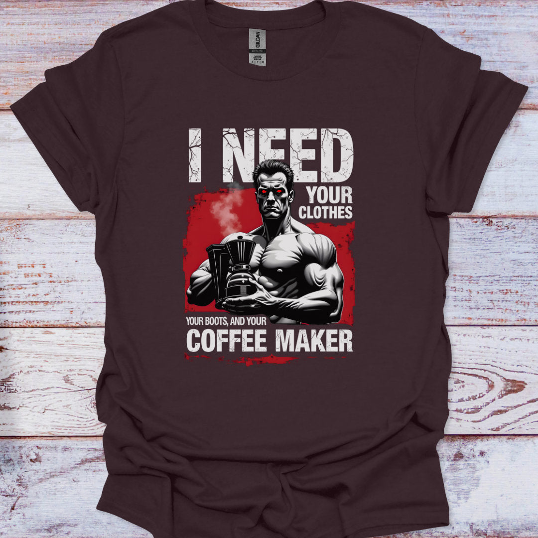 Brown t-shirt with graphic design and text on a wooden surface