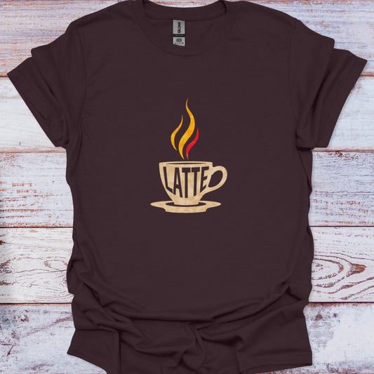 Dark brown t-shirt featuring a stylized white graphic of a coffee mug, word LATTE, and a fiery plume of yellow-red steam.