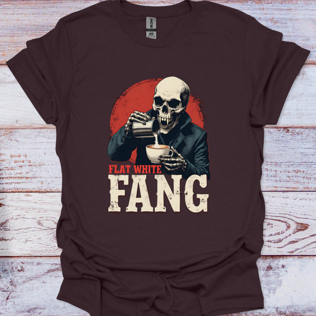 Brown t-shirt with a skull design holding coffee cups and 'Flat White Fang' text on a wooden surface.
