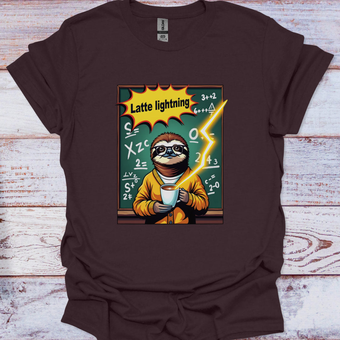 Brown t-shirt with a sloth holding a coffee cup and 'Latte lightning' text on a chalkboard background.