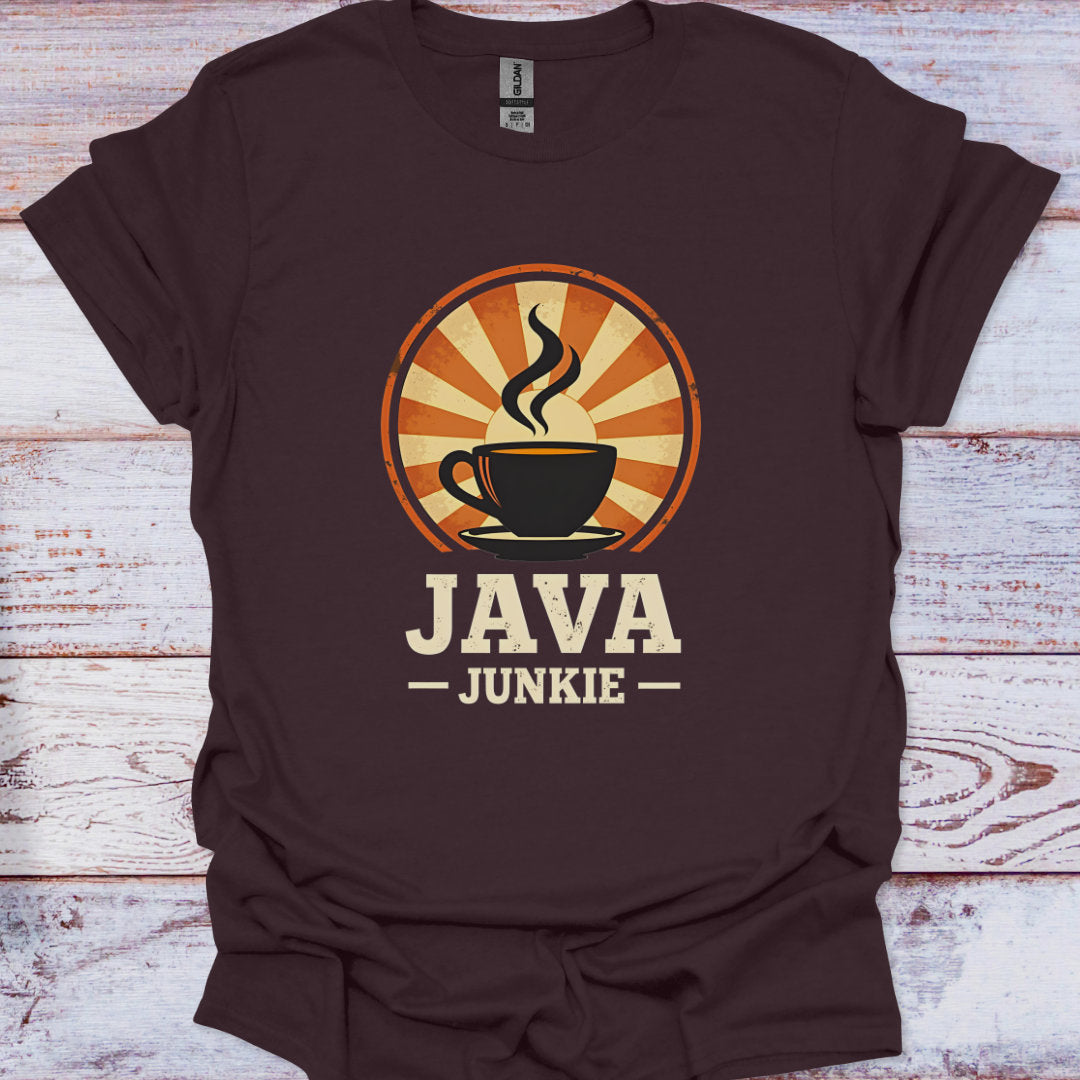 Brown t-shirt with 'JAVA JUNKIE' graphic on a wooden surface