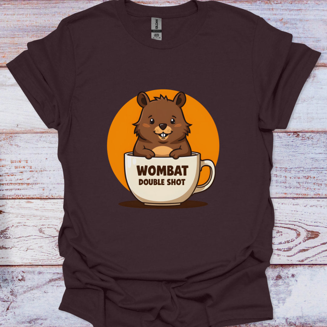 Brown t-shirt with a cartoon wombat in a coffee cup on an orange background