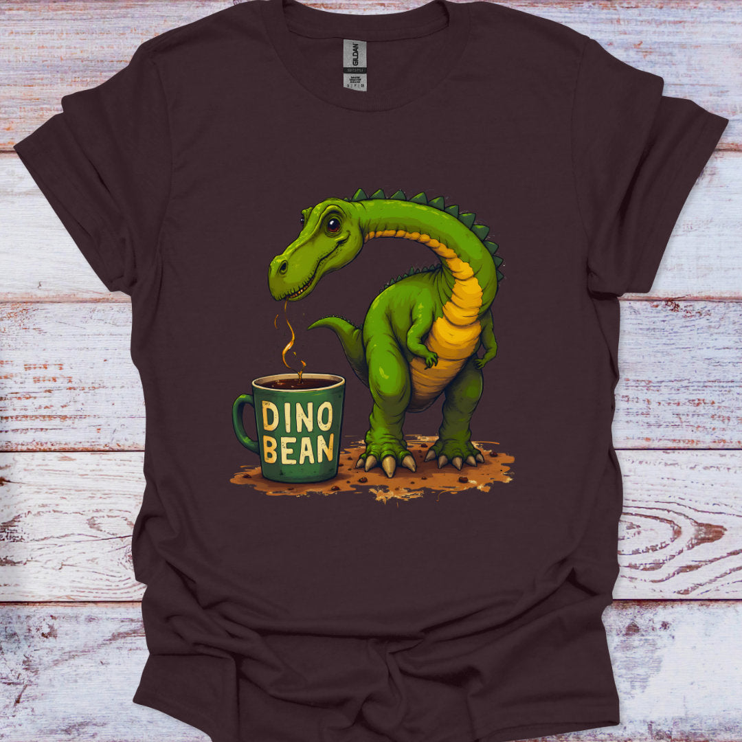 Brown t-shirt with a green dinosaur drinking from a 'Dino Bean' mug on a wooden surface