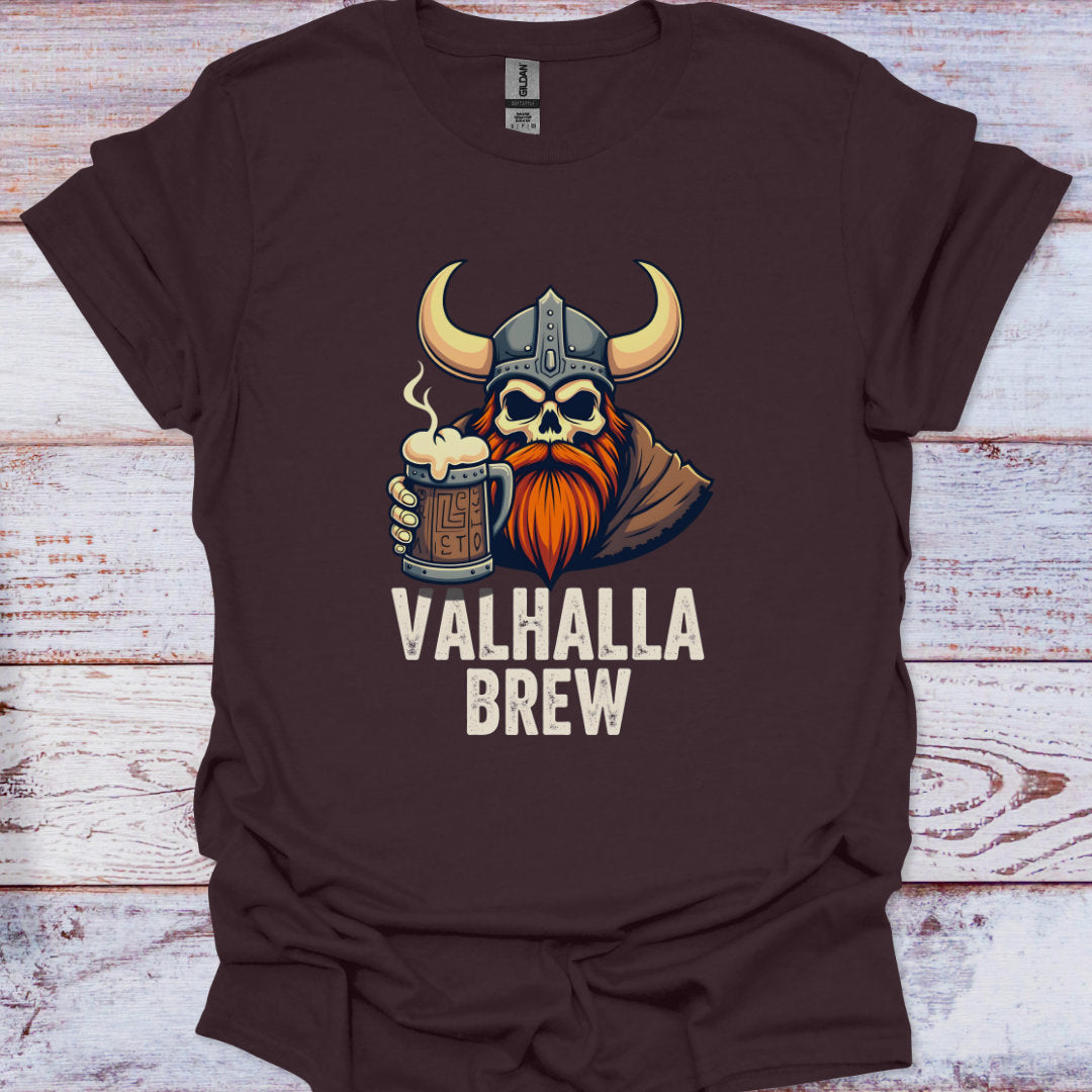 Brown t-shirt with a graphic of a viking holding a mug of beer and 'Valhalla Brew' text on a wooden surface.