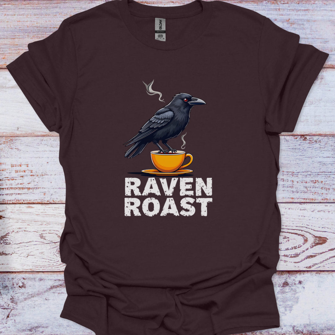 Brown t-shirt with a crow on a coffee cup and 'Raven Roast' text on a wooden surface