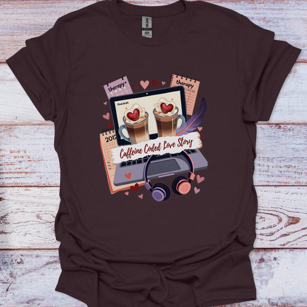 Brown t-shirt with a graphic design of coffee cups, laptop, and headphones on a wooden surface