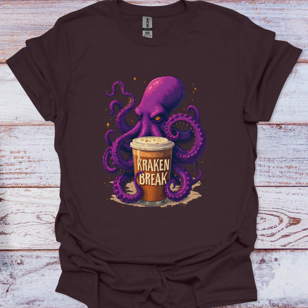 Brown t-shirt with a purple octopus holding a Kraken Break cup on a wooden surface