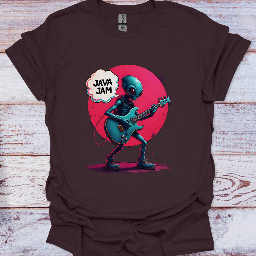 Brown t-shirt with an alien playing guitar and 'Java Jam' text on a wooden surface